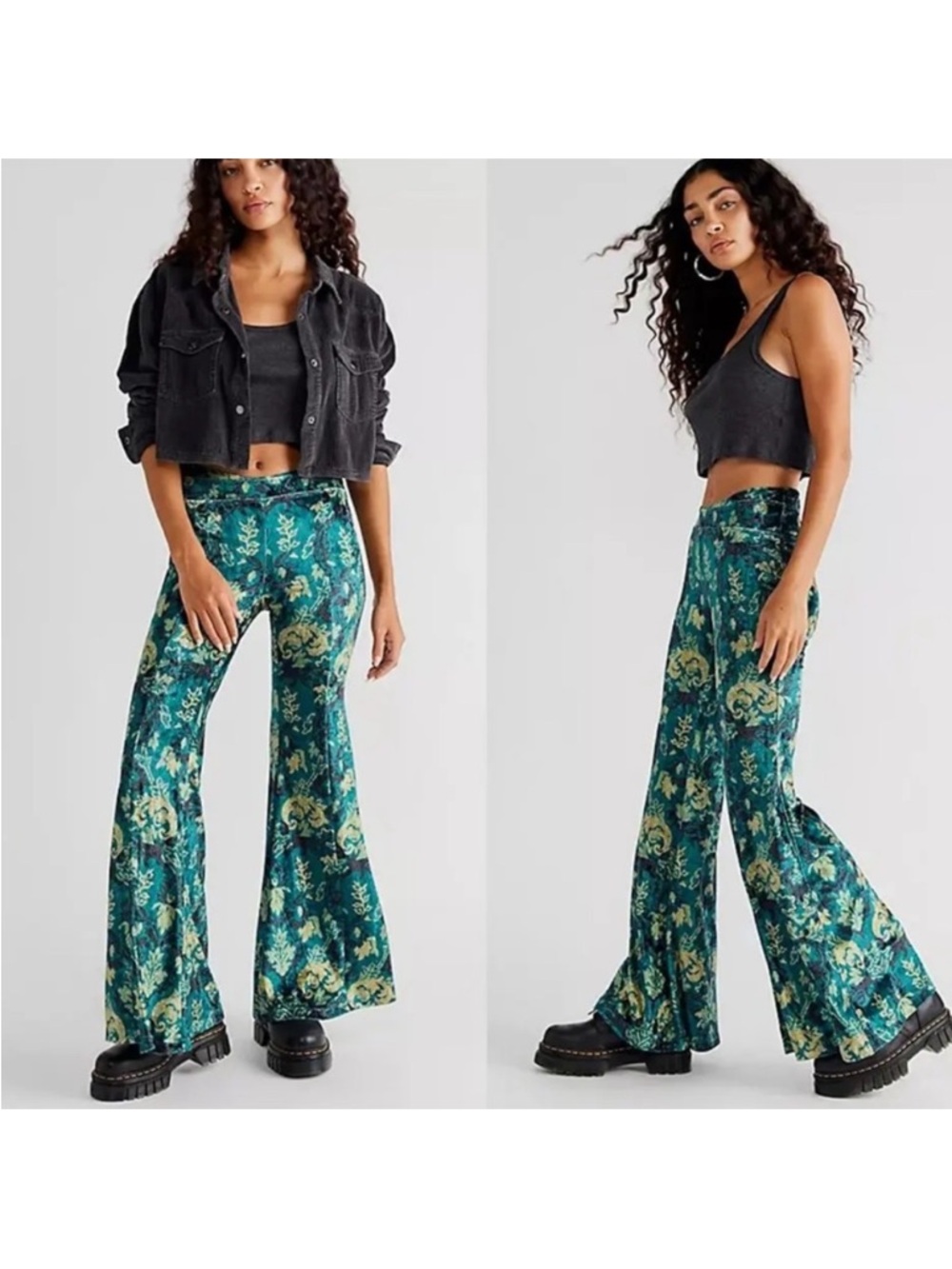 Free People Womens XS Hold Me Closer Printed Bell Bottom Pants Green Wide Leg